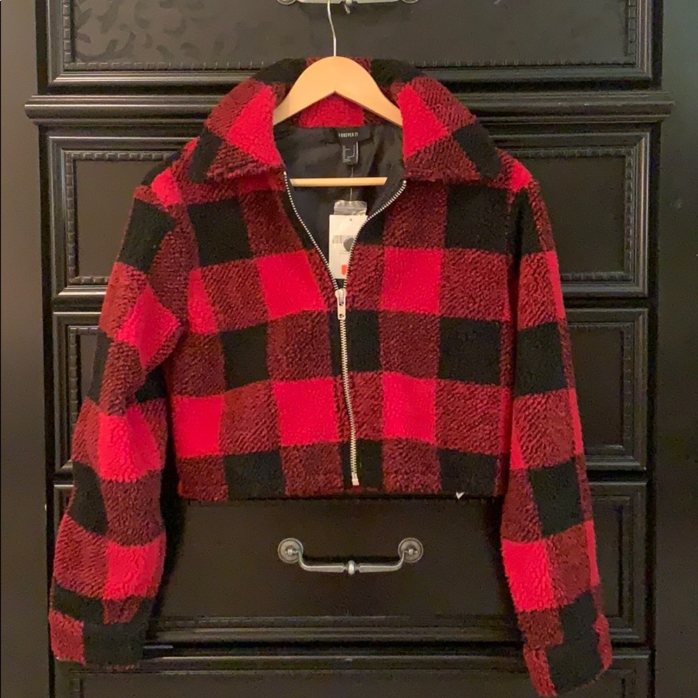 Forever 21 Red & Black Check Sherpa Jacket